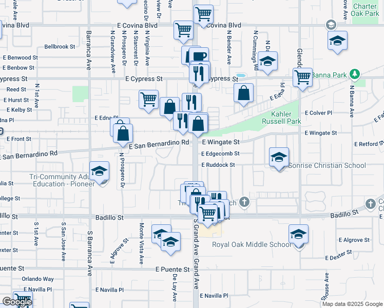 map of restaurants, bars, coffee shops, grocery stores, and more near 431 North Grand Avenue in Covina