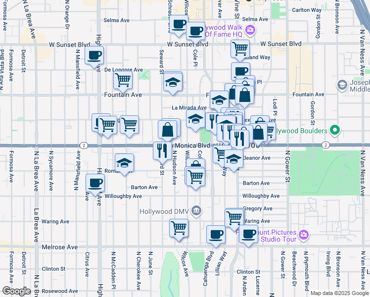 map of restaurants, bars, coffee shops, grocery stores, and more near in Los Angeles