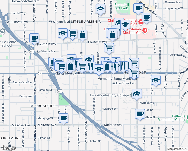 map of restaurants, bars, coffee shops, grocery stores, and more near 1050 North Mariposa Avenue in Los Angeles