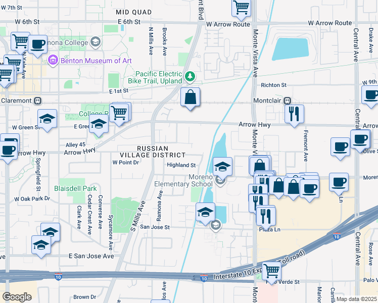 map of restaurants, bars, coffee shops, grocery stores, and more near 4644 Olive Street in Montclair