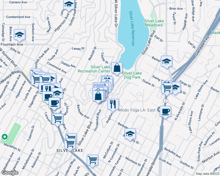 map of restaurants, bars, coffee shops, grocery stores, and more near 1753 Silver Lake Boulevard in Los Angeles