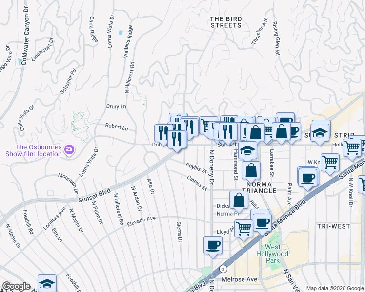 map of restaurants, bars, coffee shops, grocery stores, and more near Sunset Blvd & Doheny Rd in West Hollywood