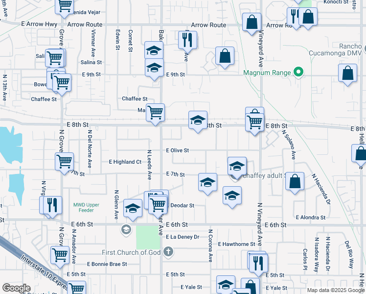 map of restaurants, bars, coffee shops, grocery stores, and more near 1655 East Olive Street in Ontario