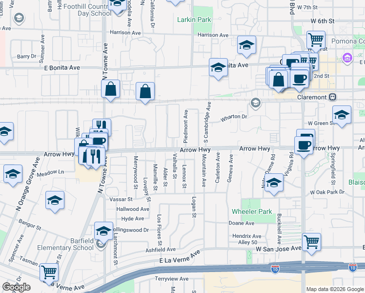 map of restaurants, bars, coffee shops, grocery stores, and more near 291 Piedmont Avenue in Claremont