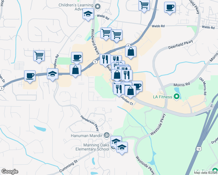 map of restaurants, bars, coffee shops, grocery stores, and more near 2855 Jordan Court in Alpharetta