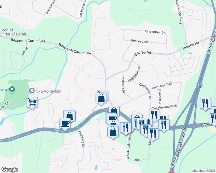 map of restaurants, bars, coffee shops, grocery stores, and more near 2024 Bascomb Carmel Road in Woodstock