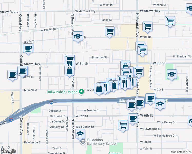 map of restaurants, bars, coffee shops, grocery stores, and more near 1454 West Maxwell Lane in Upland
