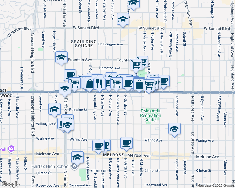 map of restaurants, bars, coffee shops, grocery stores, and more near 1065 North Sierra Bonita Avenue in Los Angeles