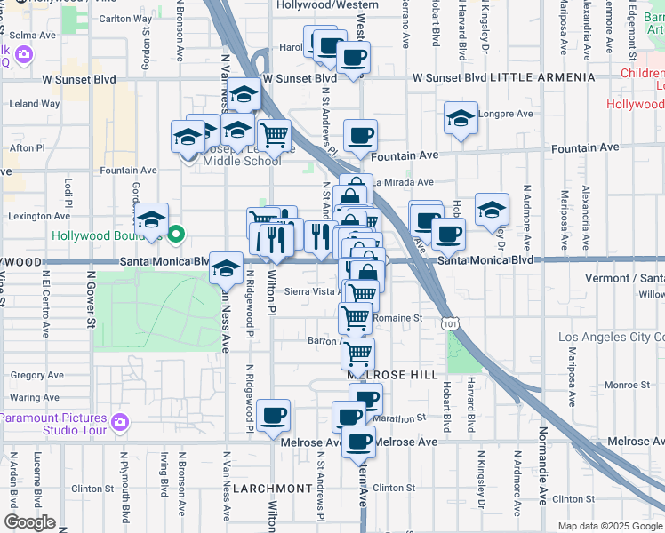 map of restaurants, bars, coffee shops, grocery stores, and more near in Los Angeles
