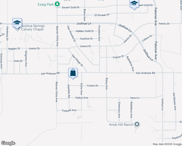 map of restaurants, bars, coffee shops, grocery stores, and more near San Andreas Road in Yucca Valley