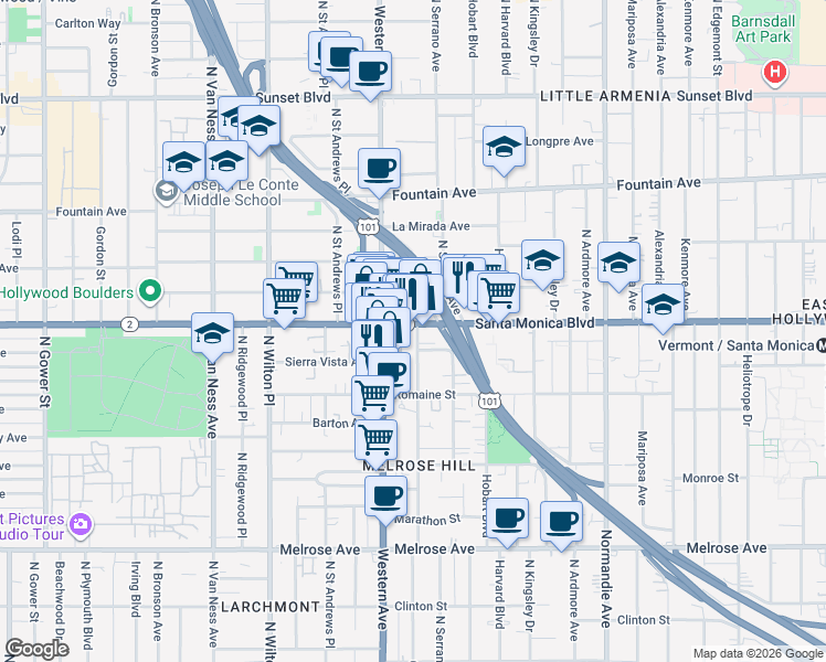 map of restaurants, bars, coffee shops, grocery stores, and more near 1089 North Oxford Avenue in Los Angeles