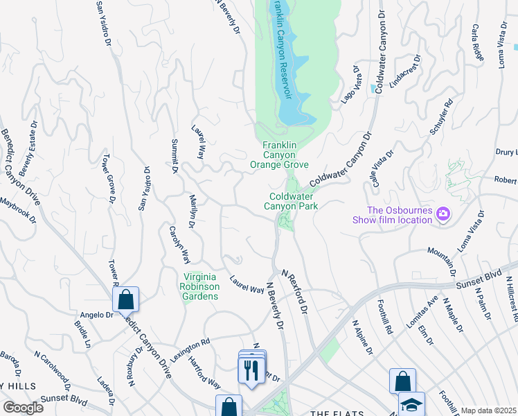 map of restaurants, bars, coffee shops, grocery stores, and more near 1054 Shadow Hill Way in Beverly Hills