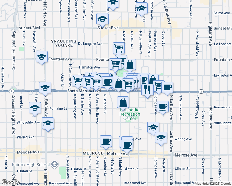 map of restaurants, bars, coffee shops, grocery stores, and more near 7424 Santa Monica Boulevard in Los Angeles