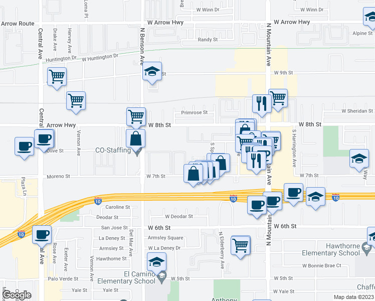 map of restaurants, bars, coffee shops, grocery stores, and more near 1454 West Maxwell Lane in Upland