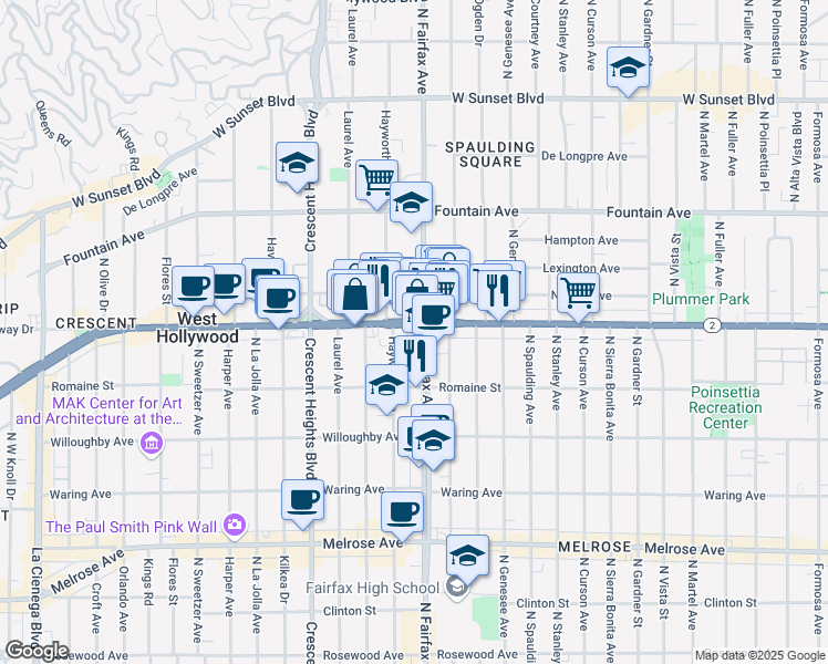 map of restaurants, bars, coffee shops, grocery stores, and more near in West Hollywood