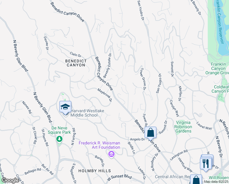 map of restaurants, bars, coffee shops, grocery stores, and more near 1264 Benedict Canyon Drive in Beverly Hills