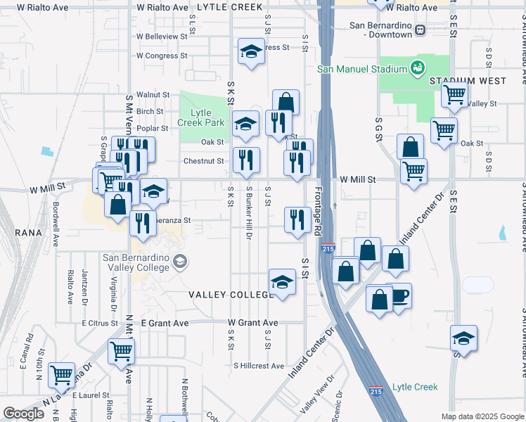 map of restaurants, bars, coffee shops, grocery stores, and more near 568 South J Street in San Bernardino