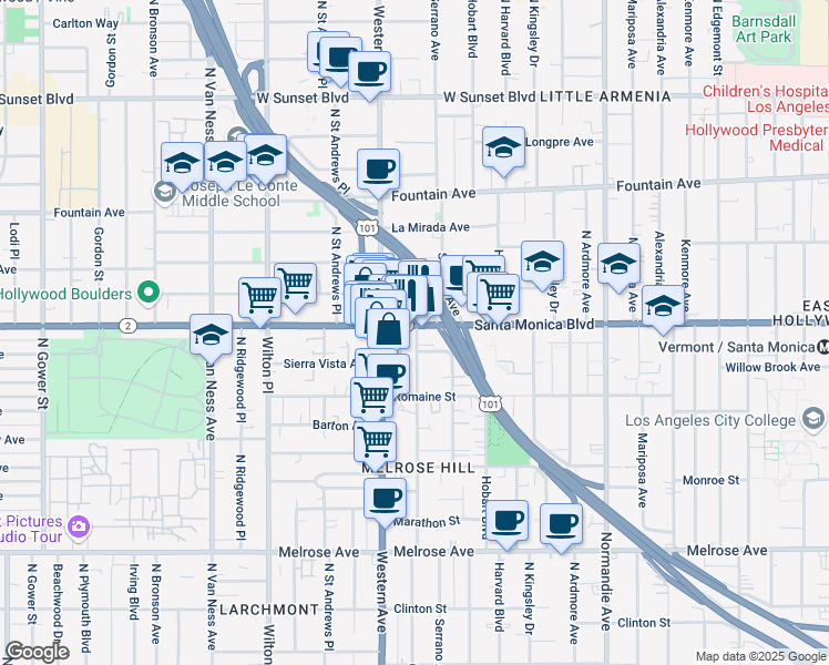 map of restaurants, bars, coffee shops, grocery stores, and more near 1089 North Oxford Avenue in Los Angeles
