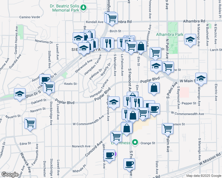 map of restaurants, bars, coffee shops, grocery stores, and more near 2814 Poplar Boulevard in Alhambra