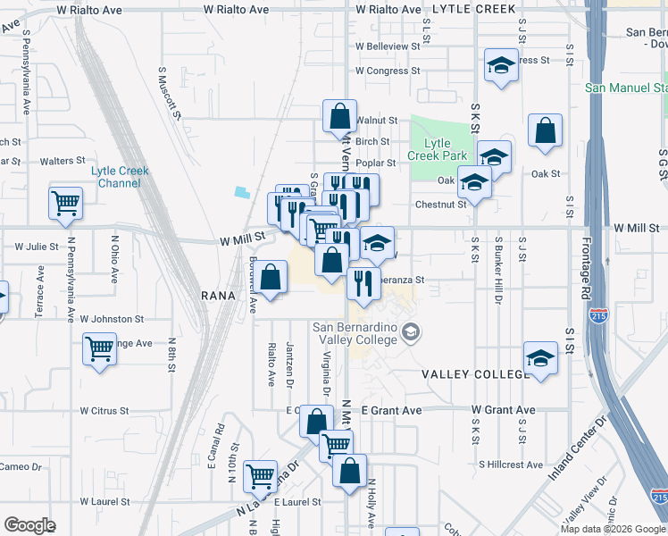 map of restaurants, bars, coffee shops, grocery stores, and more near 570 S Mt Vernon Ave in San Bernardino