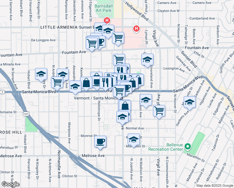 map of restaurants, bars, coffee shops, grocery stores, and more near in Los Angeles