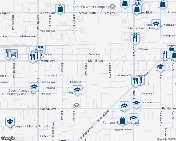 map of restaurants, bars, coffee shops, grocery stores, and more near 8979 Poplar Avenue in Fontana