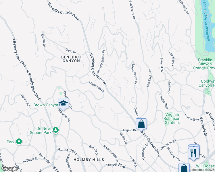 map of restaurants, bars, coffee shops, grocery stores, and more near 1264 Benedict Canyon Drive in Beverly Hills