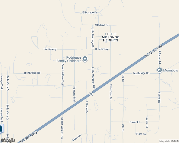 map of restaurants, bars, coffee shops, grocery stores, and more near 8887 Little Morongo Road in Morongo Valley