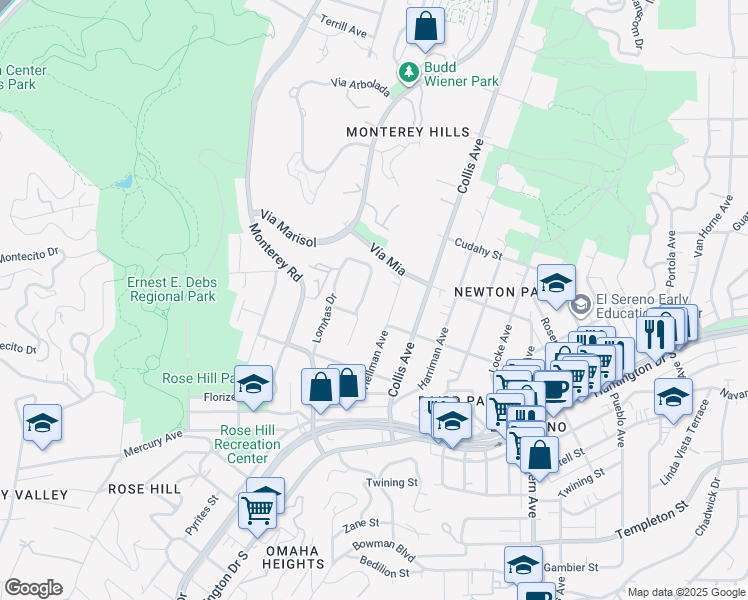map of restaurants, bars, coffee shops, grocery stores, and more near 3822 Oak Hill Avenue in Los Angeles
