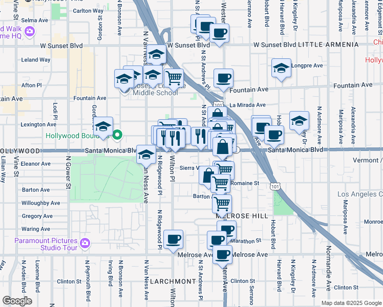 map of restaurants, bars, coffee shops, grocery stores, and more near 5630 Santa Monica Boulevard in Los Angeles