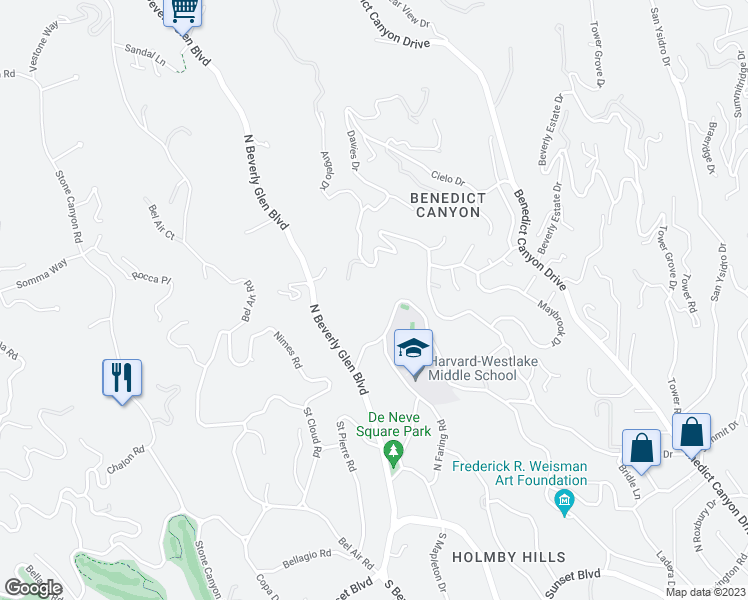 map of restaurants, bars, coffee shops, grocery stores, and more near 719 North Faring Road in Los Angeles