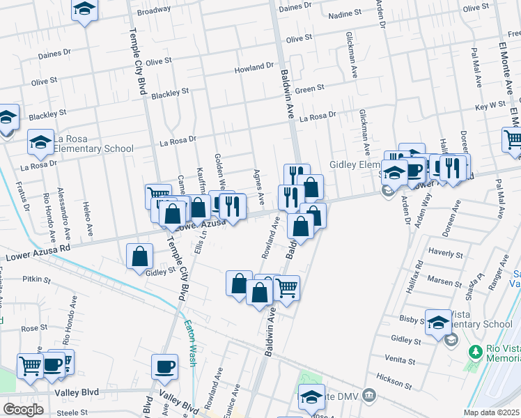 map of restaurants, bars, coffee shops, grocery stores, and more near 9861 Lower Azusa Road in Temple City