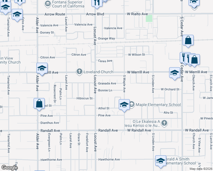 map of restaurants, bars, coffee shops, grocery stores, and more near 18183 Granada Ave in Fontana