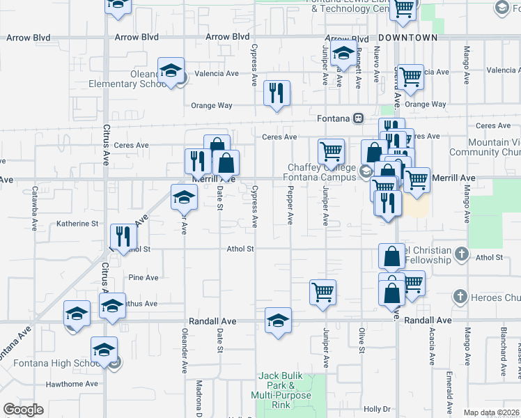 map of restaurants, bars, coffee shops, grocery stores, and more near 8981 Cypress Avenue in Fontana