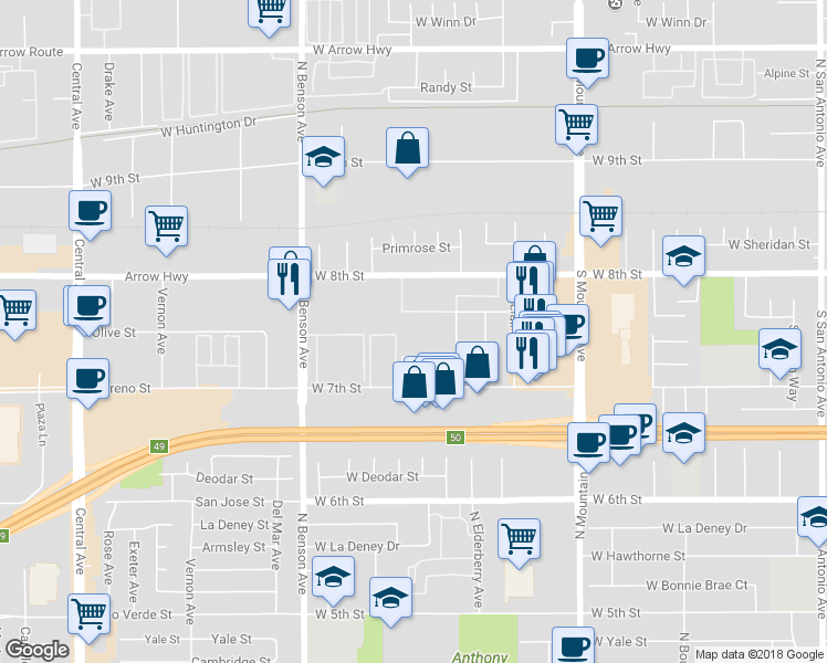 map of restaurants, bars, coffee shops, grocery stores, and more near 1438 West Maxwell Street in Upland
