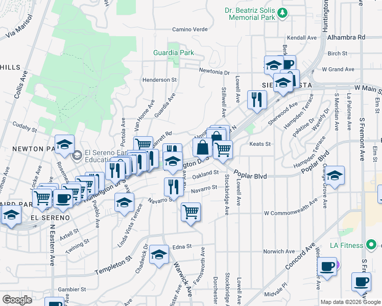 map of restaurants, bars, coffee shops, grocery stores, and more near 3908 Edison Walk in Los Angeles