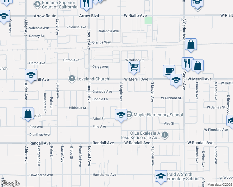 map of restaurants, bars, coffee shops, grocery stores, and more near 18251 Granada Avenue in Fontana