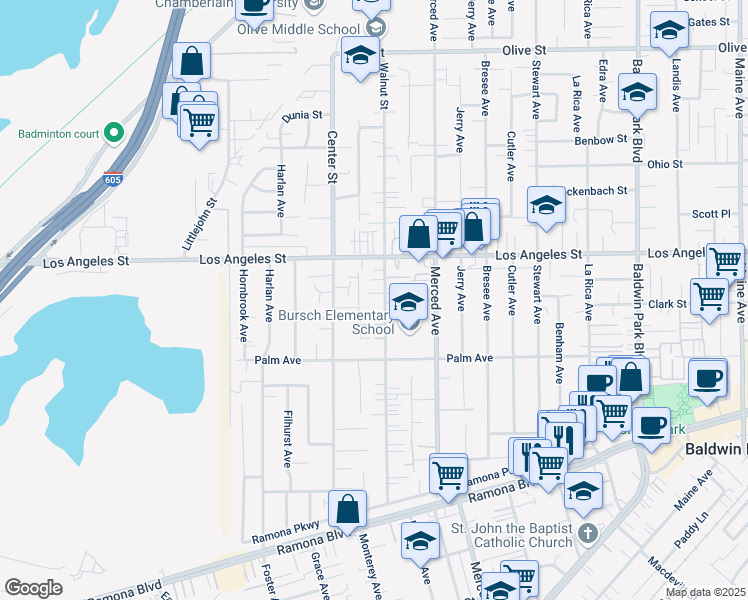 map of restaurants, bars, coffee shops, grocery stores, and more near 4311 Walnut Street in Baldwin Park