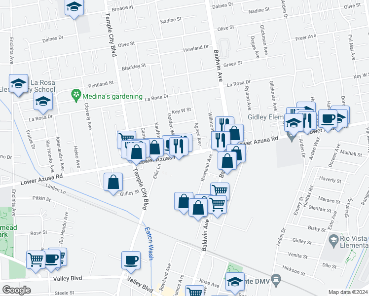 map of restaurants, bars, coffee shops, grocery stores, and more near 9821 Windsor Lane in Temple City