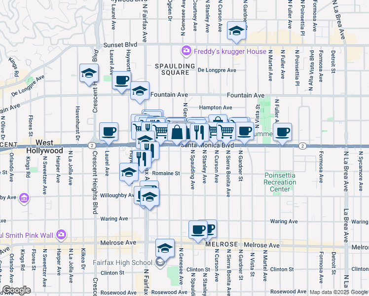 map of restaurants, bars, coffee shops, grocery stores, and more near in West Hollywood