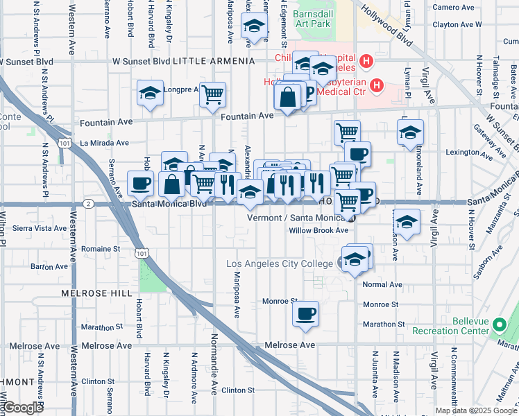 map of restaurants, bars, coffee shops, grocery stores, and more near 4954 Santa Monica Boulevard in Los Angeles