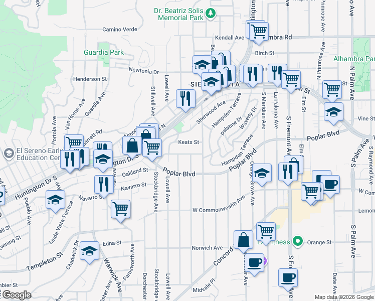 map of restaurants, bars, coffee shops, grocery stores, and more near 3949 Stockbridge Avenue in Los Angeles