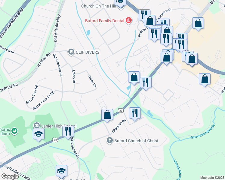 map of restaurants, bars, coffee shops, grocery stores, and more near 4353 White Oak Drive in Sugar Hill