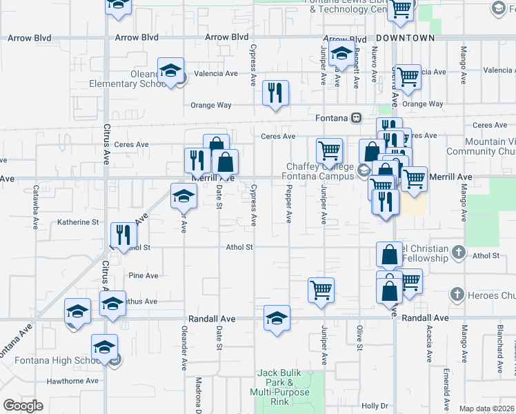 map of restaurants, bars, coffee shops, grocery stores, and more near 8981 Cypress Avenue in Fontana