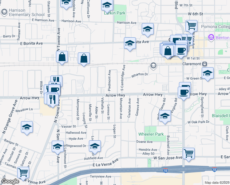 map of restaurants, bars, coffee shops, grocery stores, and more near 291 Princeton Avenue in Claremont