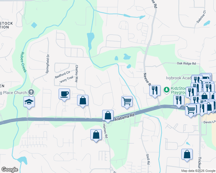 map of restaurants, bars, coffee shops, grocery stores, and more near 127 Creekview Dr in Woodstock