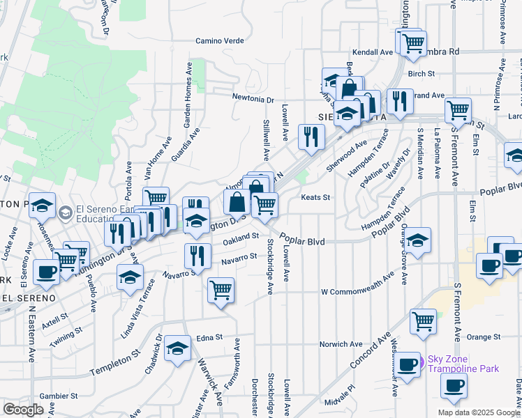 map of restaurants, bars, coffee shops, grocery stores, and more near 5380 Huntington Drive North in Los Angeles