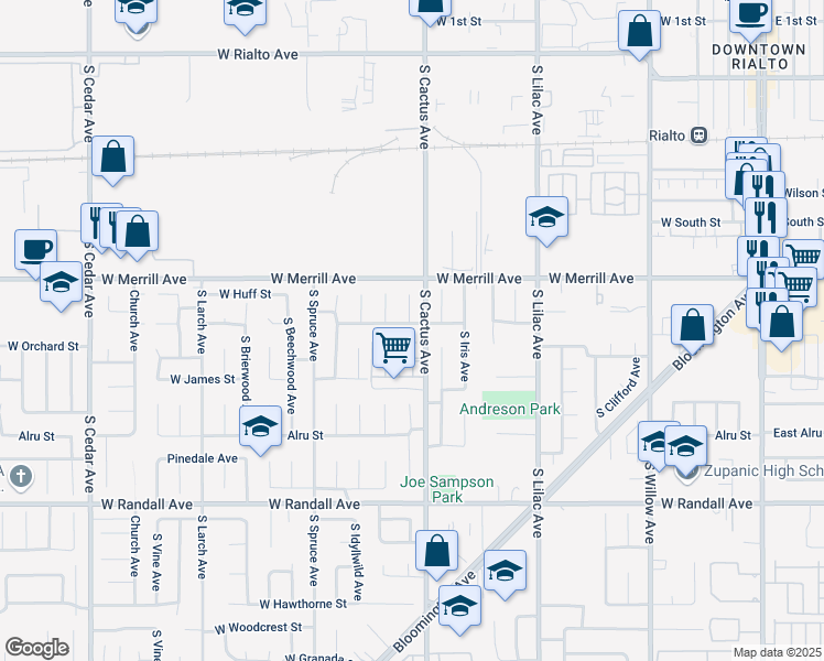map of restaurants, bars, coffee shops, grocery stores, and more near 711 West Carter Street in Rialto