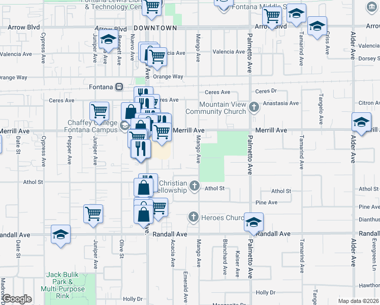 map of restaurants, bars, coffee shops, grocery stores, and more near 8988 Mango Avenue in Fontana