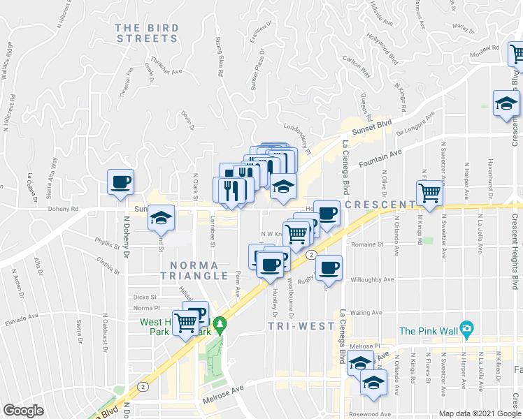 map of restaurants, bars, coffee shops, grocery stores, and more near Holloway Dr & Hancock Ave in West Hollywood